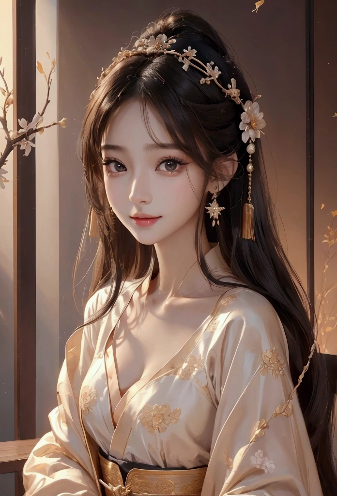 Best image quality、8k、masterpiece:1.3))、Realistic high-quality photos、Highest quality、 Beautiful face、Photos of slim models、Beautiful girl model、Young and pretty face、Beautiful model girl、A lovely and delicate face、Black Hair、Beautiful brown eyes、Young Body、Hanfu, (emphasize)、from the front、Camera gaze,、Anatomically correct、胸の谷間をemphasize、whole body、smile