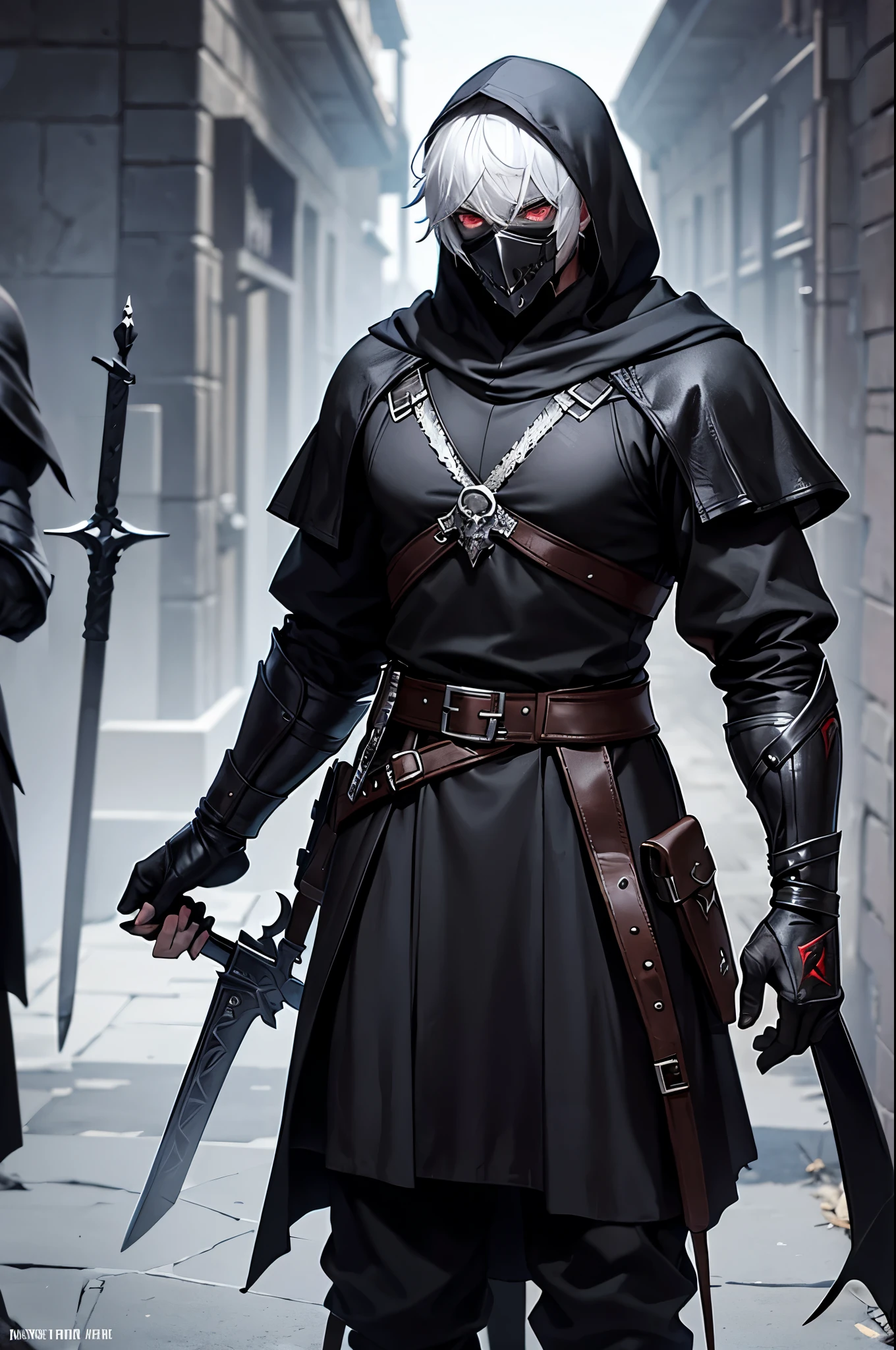 Assassin, male, fantasy character, strong body Wear a skull mask to cover your face and eyes. Wears black medieval clothing and a white hoodie on the outside, gray hair, short hair, red eyes.