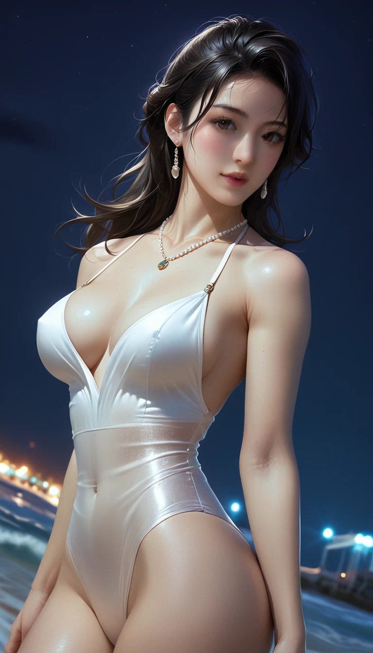 score_9, score_8_superior, score_7_superior, Masterpieces with up to 16K resolution,Highest quality,it is really amazing,Very detailed,Ultra-high resolution,(Ultra-realistic:1.1),(Realistic:1.1),Increased depth of field,Cinematic lighting,
Elegant Japanese MILF,
Long black hair,Ultra-detailed and beautiful faces,Translucent white skin,Very detailedな肌,
(Elegant white swimsuit:1.1),
Bold design,Artistic design,Beautiful and detailed pattern,Detailed fabric texture,
Gorgeous necklace,Earrings,
(Bali Beach:1.1),(Dark beach at night:1.1),(Deserted beach:1.1),(A pitch black night sky with dark clouds:1.1),
(Dutch Angle:1.1),