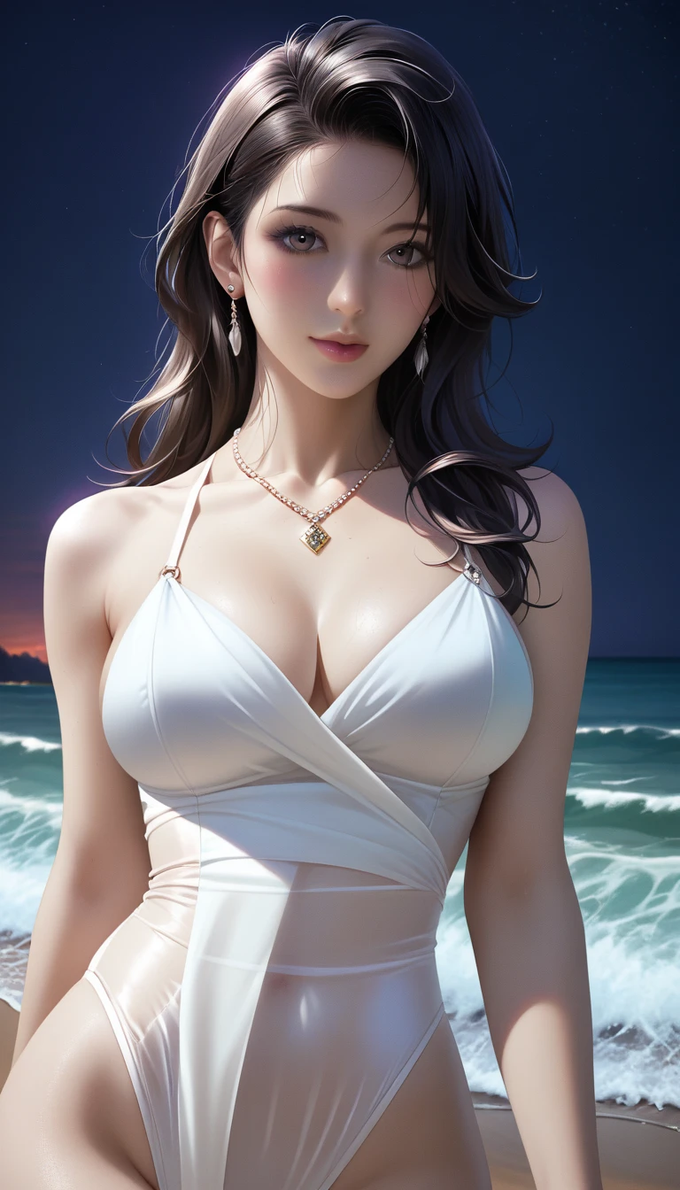 score_9, score_8_superior, score_7_superior, Masterpieces with up to 16K resolution,Highest quality,it is really amazing,Very detailed,Ultra-high resolution,(Ultra-realistic:1.1),(Realistic:1.1),Increased depth of field,Cinematic lighting,
Elegant Japanese MILF,
Long black hair,Ultra-detailed and beautiful faces,Translucent white skin,Very detailedな肌,
(Elegant white swimsuit:1.1),
Bold design,Artistic design,Beautiful and detailed pattern,Detailed fabric texture,
Gorgeous necklace,Earrings,
(Bali Beach:1.1),(Dark beach at night:1.1),(Deserted beach:1.1),(A pitch black night sky with dark clouds:1.1),
(Dutch Angle:1.1),