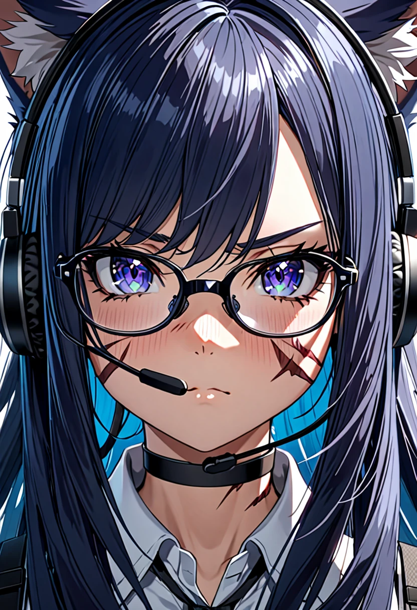 8K Ultra High-Quality, ultra-detailed, High quality, 8K Ultra High-Quality, ultra-detailed, High quality, Dark Blue hair, Long hair, Headset, cat girl, Glasses, serious face, close up, huge scar on the face