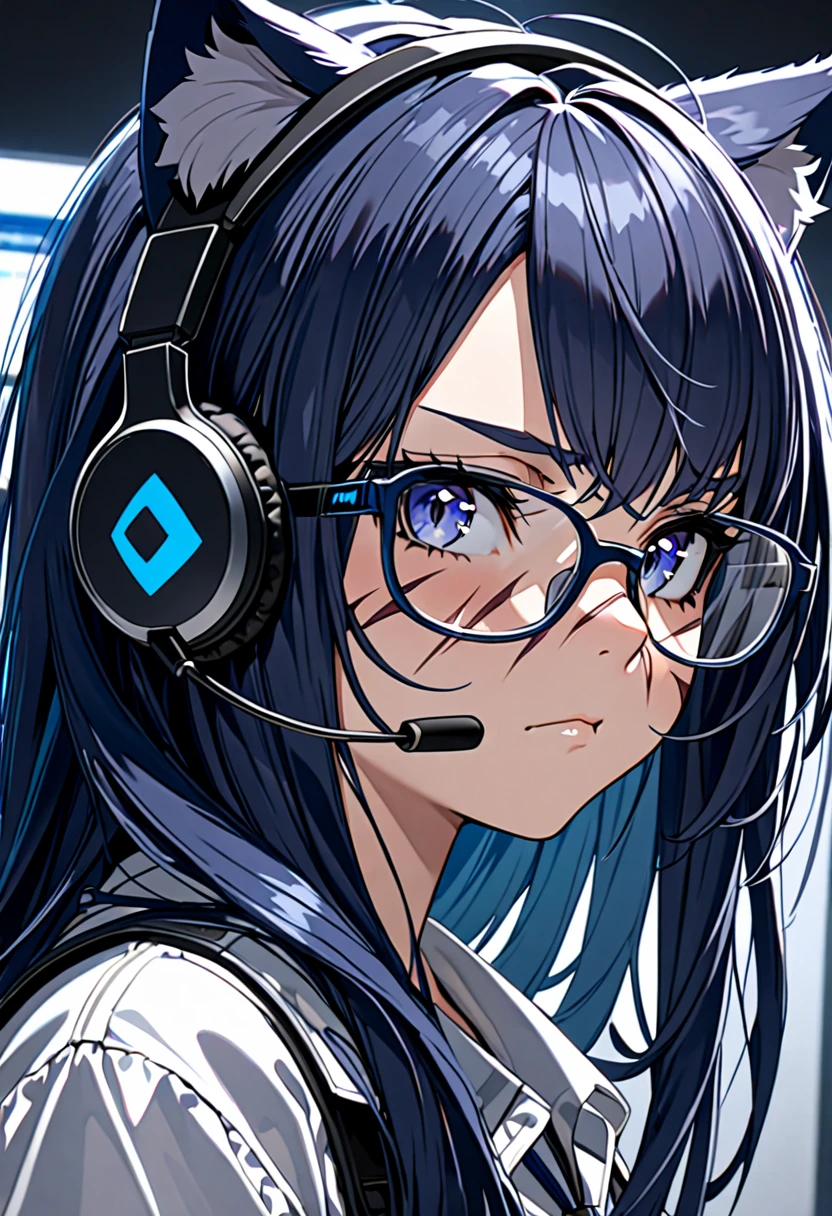 8K Ultra High-Quality, ultra-detailed, High quality, 8K Ultra High-Quality, ultra-detailed, High quality, Dark Blue hair, Long hair, Headset, cat girl, Glasses, serious face, close up, huge scar on the face