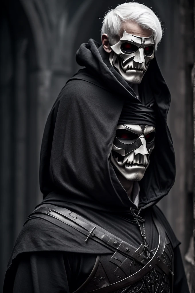 Assassin, male, fantasy character, strong body Wear a skull mask to cover your face and eyes. Wears black medieval clothing and a white hoodie on the outside, gray hair, short hair, red eyes.