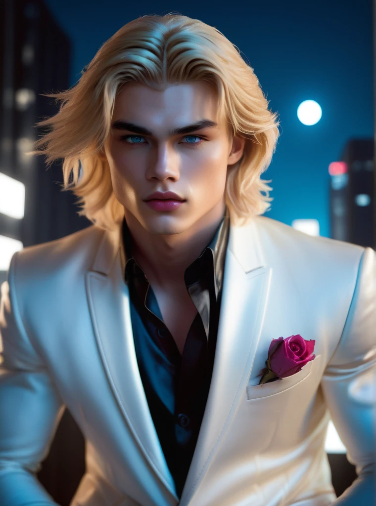 masterpiece, highest quality, (solo focus), (perfect face:1.1), (high detail:1.1), (hyper detailed eyes), dramatic, (1guy:0.5), (pale skin), long blonde hair, ethereal eyes, (light eyebrows), solo, long hair, Jordan Barrett, moon, night, white luxury suit, covered navel, pouty lips, fur, proud expression, futuristic city, detailed background, art by artgerm, cinematic lighting, roses, fashion, BalenciagaStyle