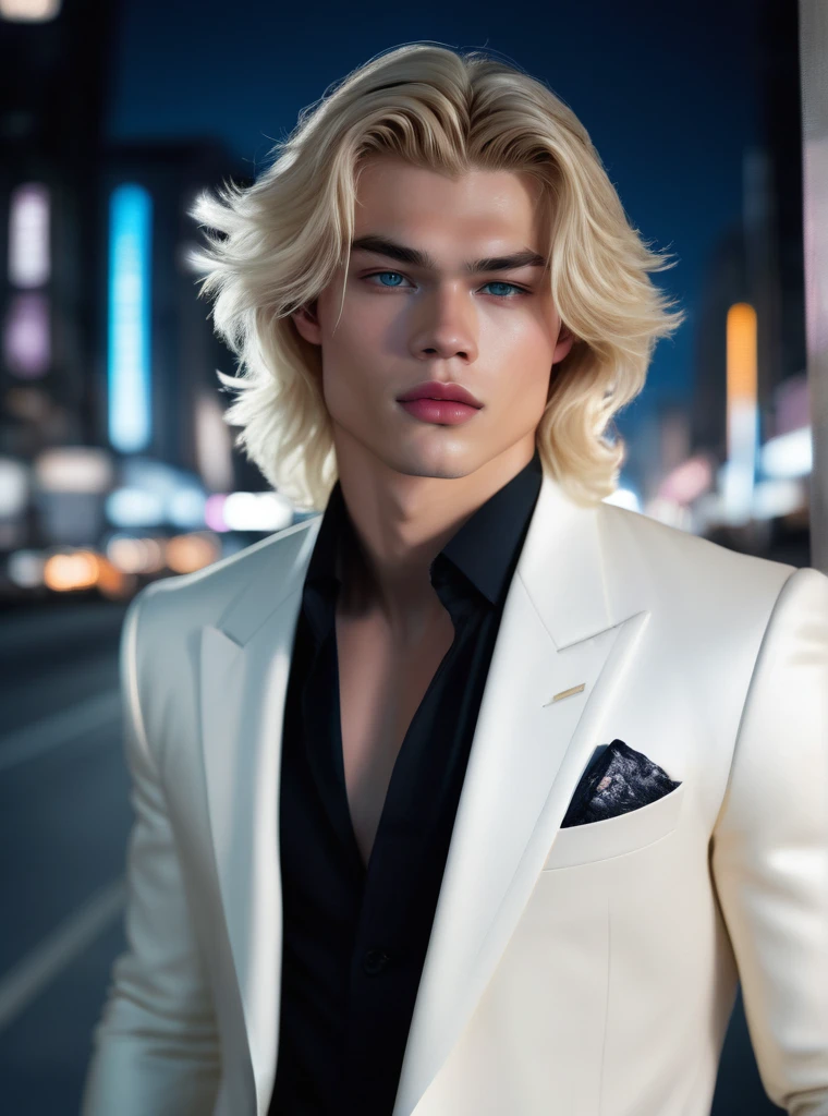 masterpiece, highest quality, (solo focus), (perfect face:1.1), (high detail:1.1), (hyper detailed eyes), dramatic, (1guy:0.5), (pale skin), long blonde hair, ethereal eyes, (light eyebrows), solo, long hair, Jordan Barrett, moon, night, white luxury suit, covered navel, pouty lips, fur, proud expression, futuristic city, detailed background, art by artgerm, cinematic lighting, roses, fashion, BalenciagaStyle