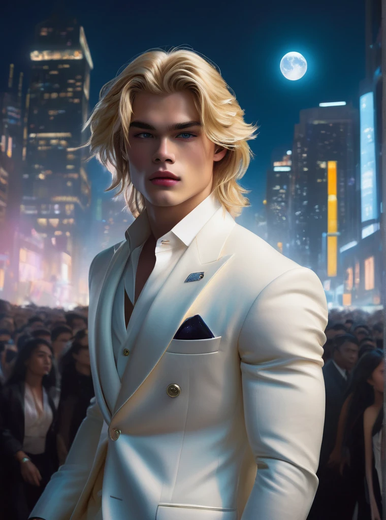 masterpiece, highest quality, (solo focus), (perfect face:1.1), (high detail:1.1), (hyper detailed eyes), dramatic, (1guy:0.5), (pale skin), long blonde hair, ethereal eyes, (light eyebrows), solo, long hair, Jordan Barrett, moon, night, white luxury suit, covered navel, pouty lips, fur, proud expression, futuristic city, detailed background, art by artgerm, cinematic lighting, roses, fashion, BalenciagaStyle