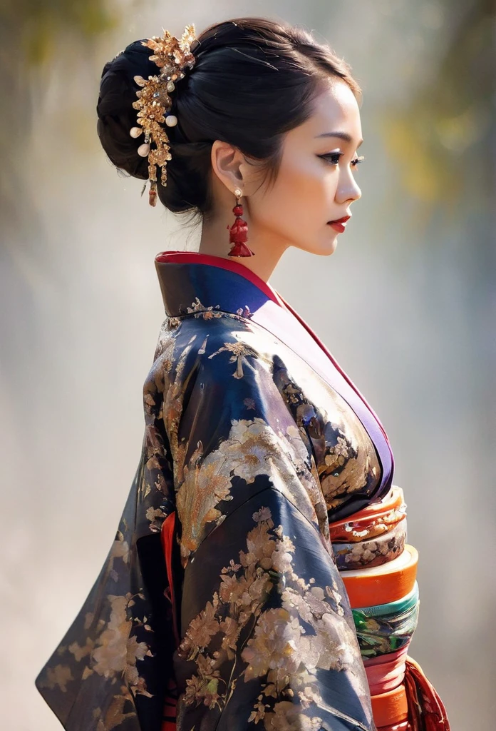 stunningly beautiful female  A Thai-Japanese woman is wearing a traditional kimono with an ancient pattern, captured in a full-body shot from a low angle. Her hair is styled in a traditional Japanese manner, adorned with pearls    apocalyptic survivor, by Carne Griffiths, shiny skin, glossy skin, apocalyptic landscape, 
intricate details, (ultra-realistic:1.05), (high saturation:1.05), (high contrast:1.05), 35mm raw photo, 
embedding:Style-EMCG.pt, nsfw, full-body-shot