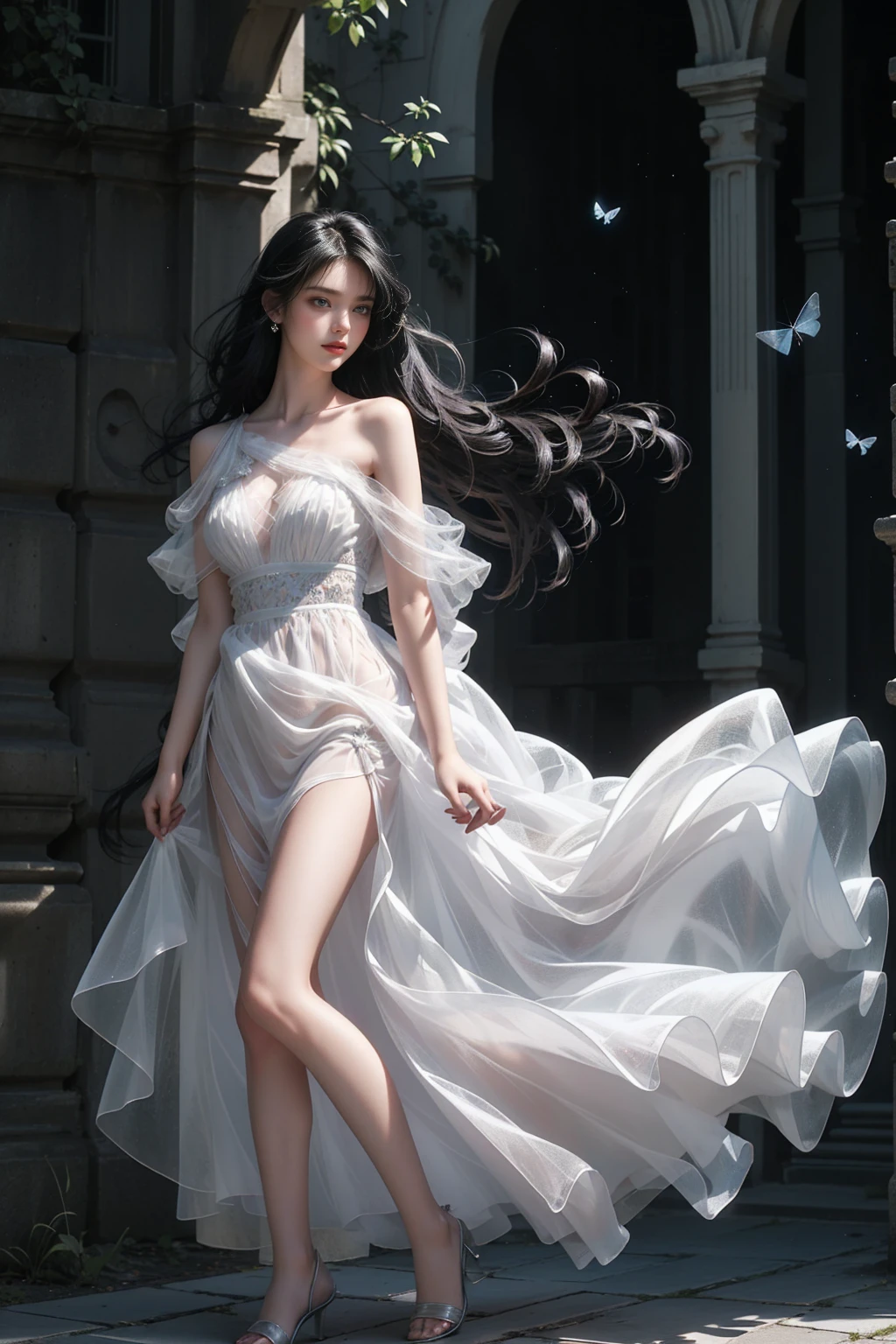 ((Girl standing in front of the wall of an old castle))、Fluorescent color、1 girl、Look to the side、Beautiful Face、Beautiful Eyes、(Off the shoulder:1.2)、Upper Body、Shiny Hair、Glowing Skin、 Reduce glare、Adjusted finger proportions、escrow、ass pov、Dynamic Angle、(((Master Parts)))、(((Highest quality)))、(((Super-detailed))) detailed)、(An illustration)、(detailedな光)、(Very delicate and beautiful)、dramatic_Shadow、Ray_Tracking、reflection、 Ultra-high resolution、((A girl with colorful hair and black hair with mesh))、 Her hair flutters in the wind、(big deep blue eyes)、Black-haired woman、 Sparkling butterfly、Black-haired woman、Points of light around the woman、Magical Aura、Green dot、About Auras Nature、超Magical AuraBlack-haired woman,((Translucent white open shoulder dress:1.3))、(Sleeveless)、((My skirt is flying up in the wind)),((An old European castle looms in the distance)),