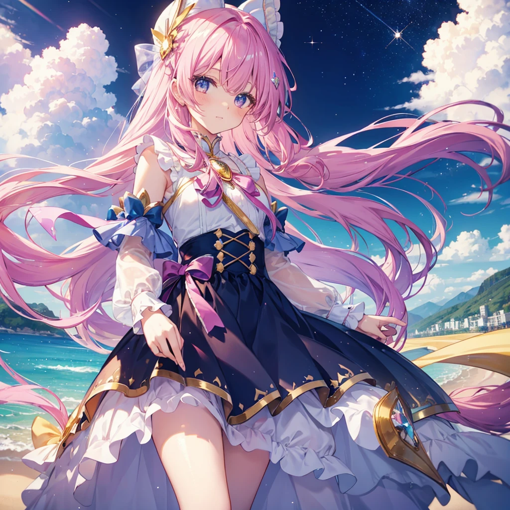 Long Hair, View landscape, ribbon, cute、Glittering gaze, Magical girl、cute、Sparkle Effect, Character profile, Pink Yellow Blue

