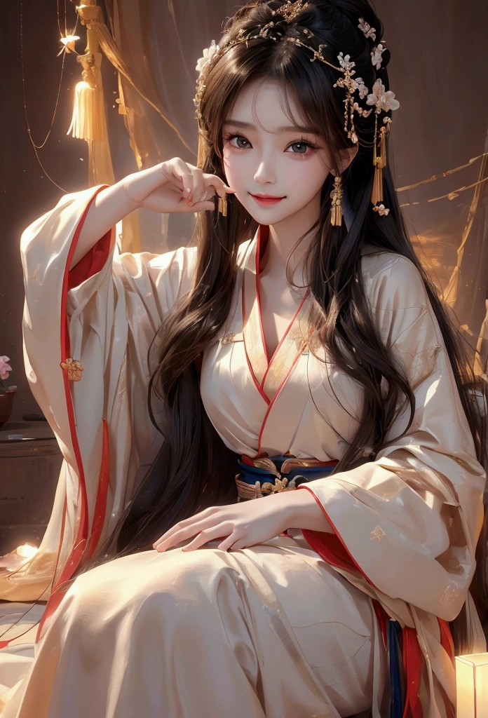 Best image quality、8k、masterpiece:1.3))、Realistic high-quality photos、Highest quality、 Beautiful face、Photos of slim models、Beautiful girl model、Young and pretty face、Beautiful model girl、A lovely and delicate face、Black Hair、Beautiful brown eyes、Young Body、Hanfu, (emphasize)、from the front、Camera gaze,、Anatomically correct、胸の谷間をemphasize、whole body、smile