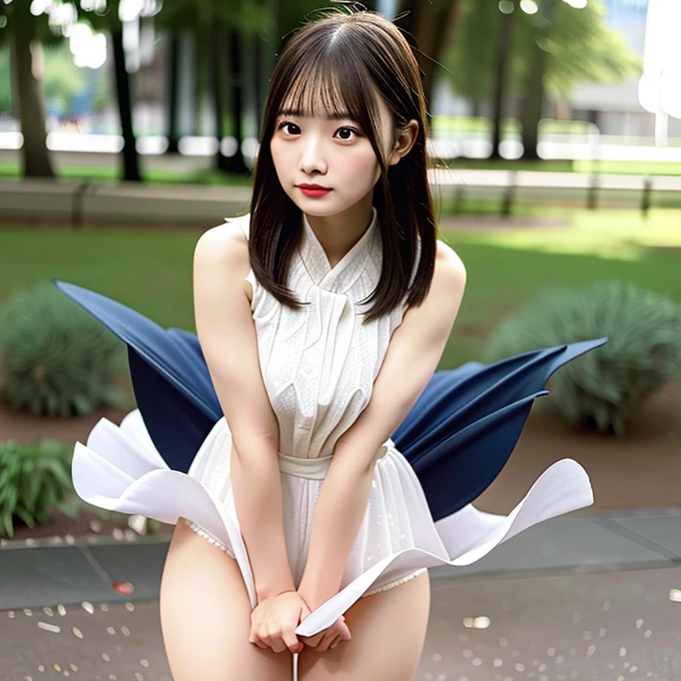 (Best quality, 8k, 32K, Masterpiece, uhd:1.2),Photo of Pretty Japanese woman,(Sad smile,blush:1.1),looking at viewer,(beautiful detailed dress skirt:1.2),detailed legs,(spread legs:0.9),(lace panties:0.9),(Wind lift:1.6), full body,windy,city,outdoors､Chubby､Big Breasts､Very large breasts､Very big ass、Red panties、Pulling back、Stick your butt out､