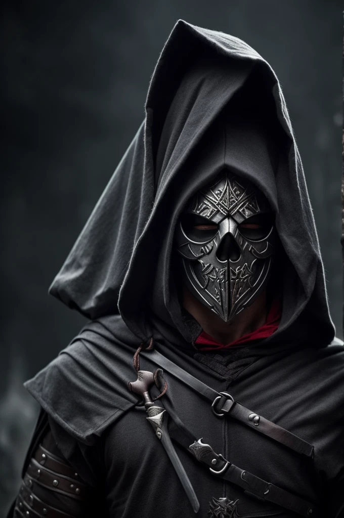 Assassin, male, fantasy character, strong body Wear a skull mask to cover your face and eyes. Wears black medieval clothing and a white hoodie on the outside, gray hair, short hair, red eyes.