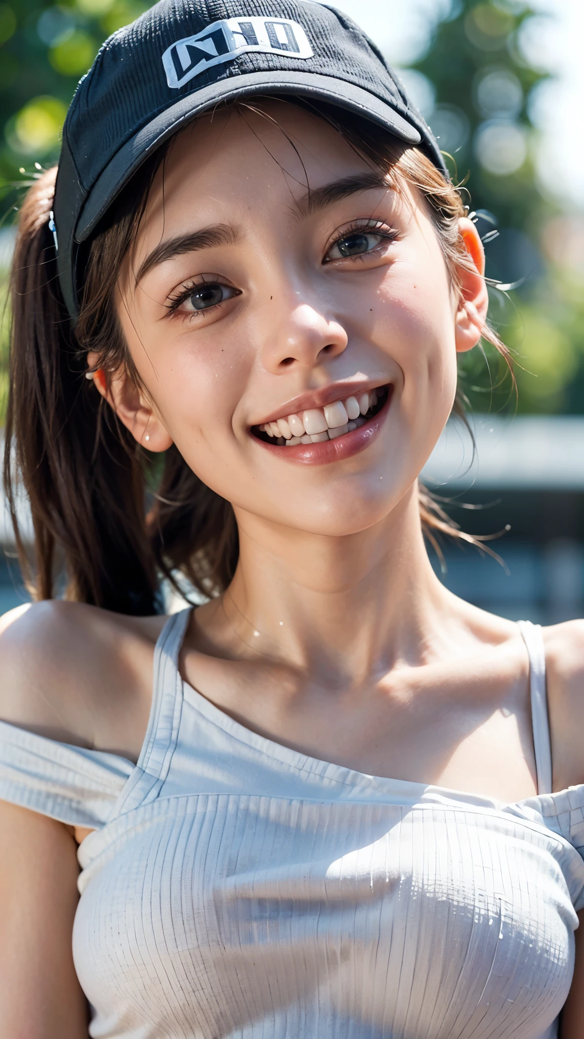 Highest quality, masterpiece, Ultra-high resolution,8k, (Realistic:1.6), ((Smiling widely with his mouth wide open and showing his teeth:1.6)),(Close-up portrait:1.4) RAW Photos,((Omotesando Station))、 ((Off-the-shoulder baseball shirt,Pleated mini skirt)),((Soft looking breasts,Nipples seem to be visible)),((Full body photo)),1 person,A slim 26-year-old adult woman,((Ponytail and cap)),((NEWERA Cap)),((Looking up at the audience)),Face Focus:1.4,((Shooting from a distance with a telephoto lens:1.4)),