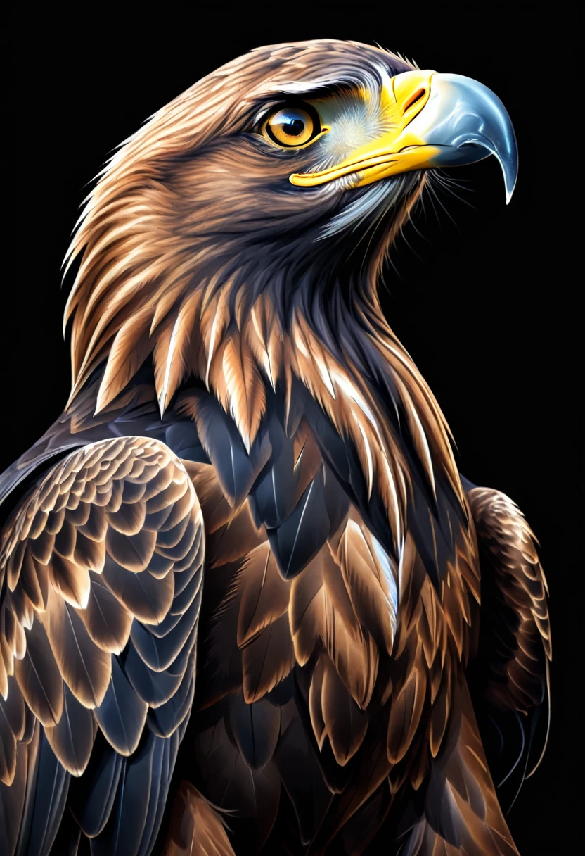 Golden eagle on black background, sharp edges, ​masterpiece, drawn with pencil, Vector image, Front view 