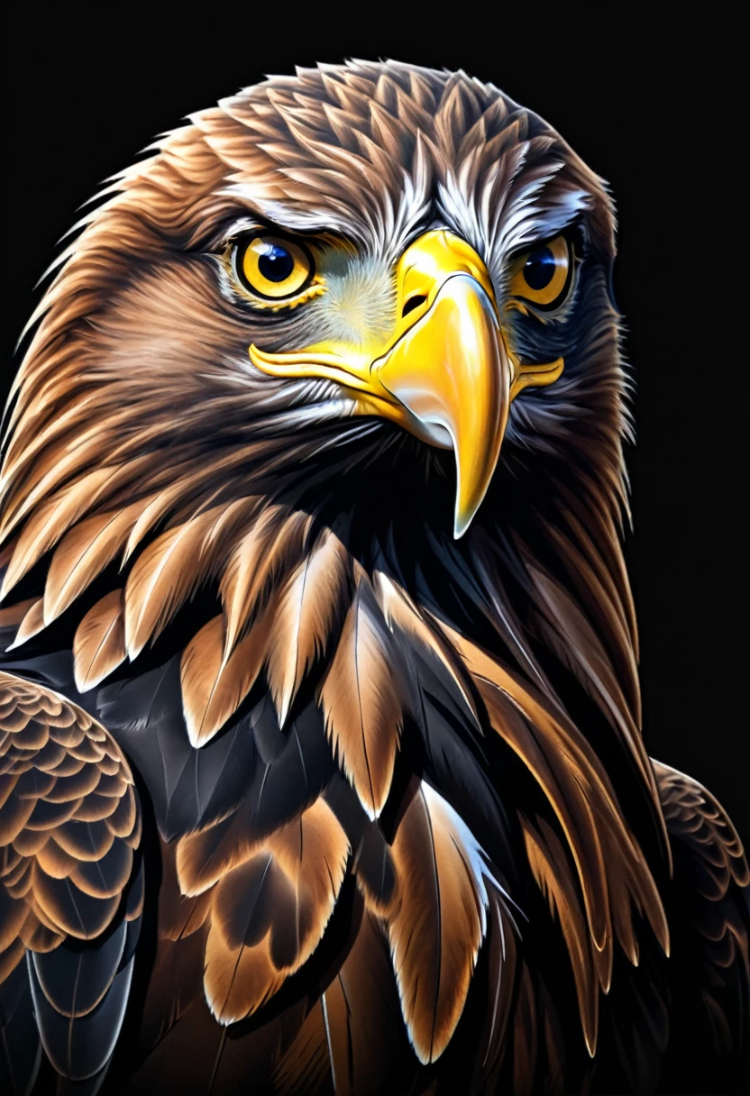 Golden eagle on black background, sharp edges, ​masterpiece, drawn with pencil, Vector image, Front view 