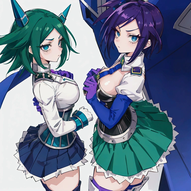 Screenshot Boku no hero academia. Beautiful woman with strong and short green hair in spikes. blue triangular eyes. corset color blanco ,with style sleeves "flounce sleeve". blue skirt with long magenta boots. black gloves and a purple visor in profile