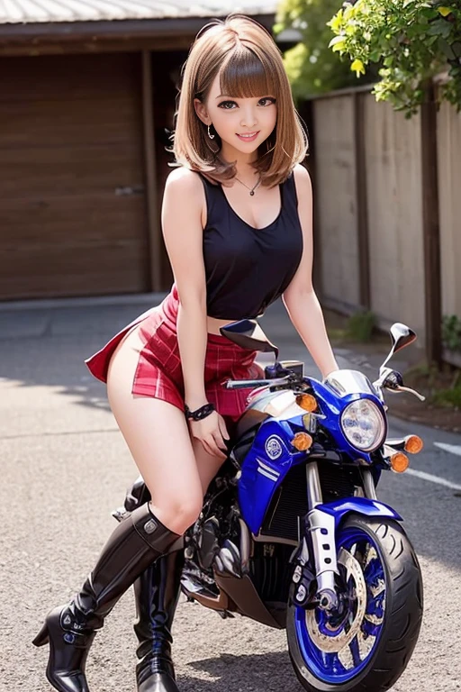 ((Ground vehicles, Mecha, motorcycle, on motorcycle, Vehicle Focus, yamaha、wheel))、1 girl,Bob Hair、Brown Hair、Medium breast、smile、In front of the garage、Detailed Background、Tank top、Mini skirt with slit、boots、Gloves、Anatomically correct arms and legasterpiece:1.37、Raw photo、Highest quality、