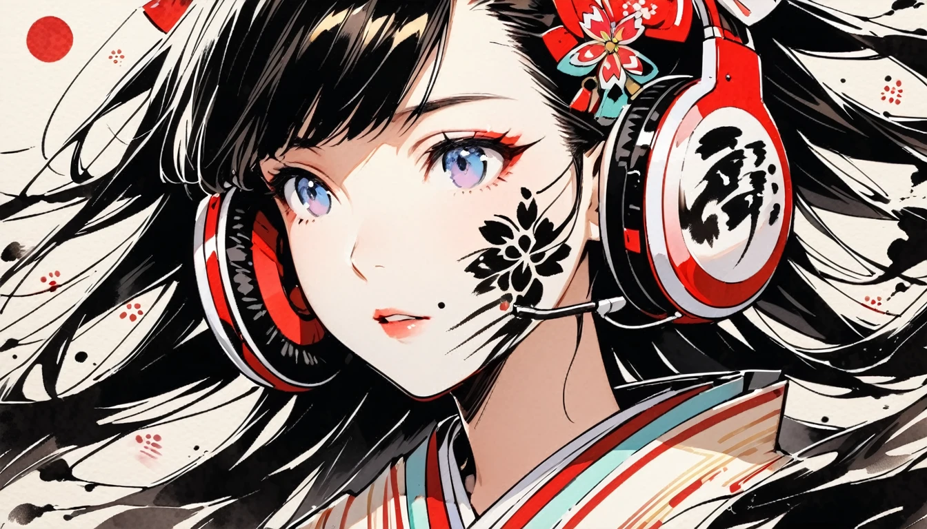 (((Ink Painting))), ((Japanese style headphones)), (((Japanese pattern tattoo on face))), face close up, Gorgeous hair accessories, Japan人の美少女, Fluttering Hair, Japan, Japanese flag, yellow