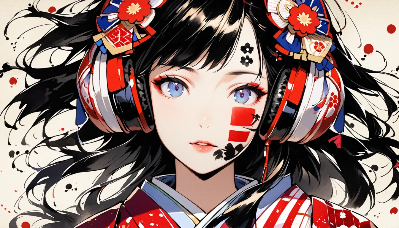 (((Ink Painting))), ((Japanese style headphones)), (((Japanese pattern tattoo on face))), face close up, Gorgeous hair accessories, Japan人の美少女, Fluttering Hair, Japan, Japanese flag, yellow