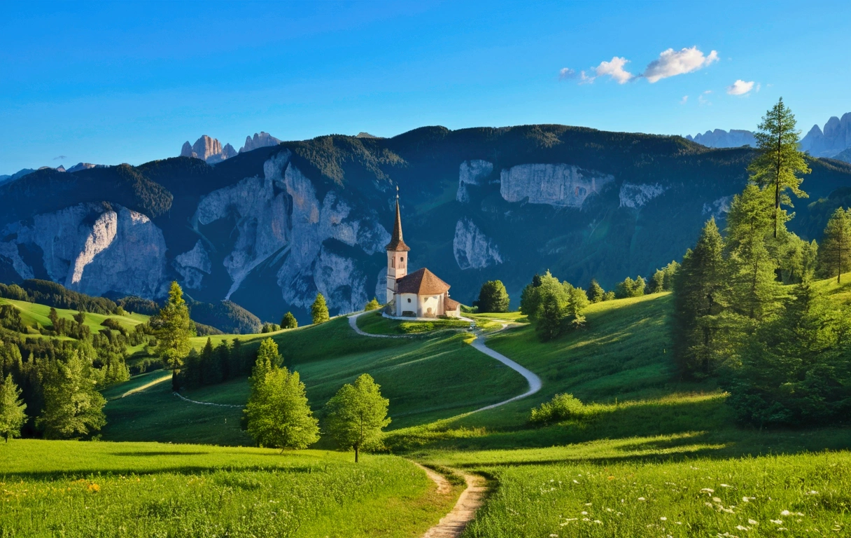 Alafed Church on the hill。In the foreground there is a winding path。, in the Dolomites, summer morning light, Church in the Forest, Heaven on Earth, Franz Hege, In a scenic environment, Carl Gersner, Detailed local information, Dolomites, beautiful place, Church in the background, bright summer day, Johannes Martini, Beautiful sunny day