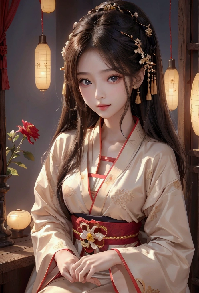 Best image quality、8k、masterpiece：1.3))、Realistic high-quality photos、Highest quality、 Beautiful face、Photos of slim models、Beautiful girl model、Young and pretty face、Beautiful model girl、A lovely and delicate face、Black Hair、Beautiful brown eyes、Young Body、Hanfu, (emphasize)、from the front、Camera gaze,、Anatomically correct、胸の谷間をemphasize、whole body、13-year-old female model、smile、Japanese women