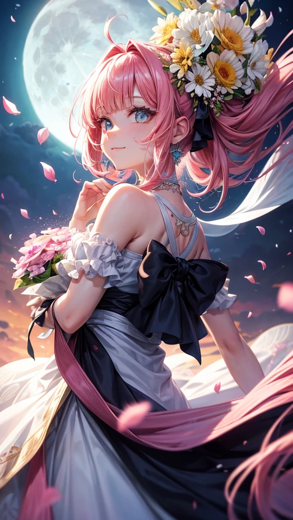 ((The big moon is in the background, petals,She holds the flower in both hands.)),（Facing straight ahead.）,pink hair, hair over shoulder, parted bangs, jewelry, flower on head, mismatched pupils, aqua eyes, heart earrings, light smile, closed mouth, cinematic lighting, UHD, textured skin, high details, best quality, highres, 4K, 8k