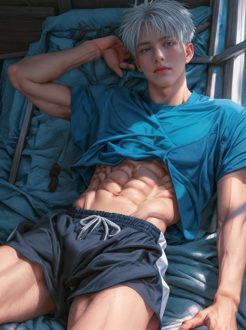 1boy, adult, handsome, perfect face, detailed eyes and face, clean shaved, sixpack, dynamic lighting, unreal engine 5, hd picture, satoru gojo, white hair,  clean armpits without hair ,short hair, white eyebrow hair, blue eyes, white skin, bed mattress details, basketball jersey, white eyelashes