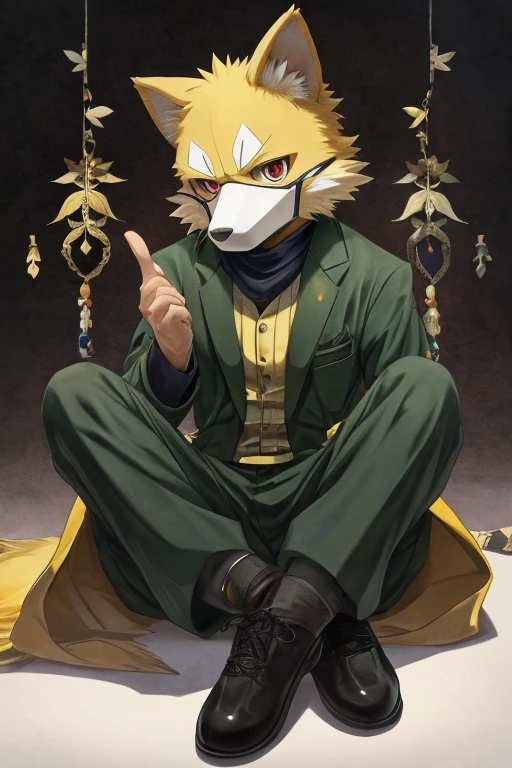 ((Best Quality)), ((masterpiece)), (detailed), 1 17 year old anime boy with a dog mask with yellow fur and a white snout ,green diver, dark gray pants,Black gloves with open fingers,white and black shoes, crimson eyes, sitting in a white void with nothing in the background, Anime Art