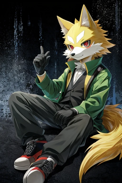 ((Best Quality)), ((masterpiece)), (detailed), 1 17 year old anime boy with a dog mask with yellow fur and a white snout ,green diver, dark gray pants,Black gloves with open fingers,white and black shoes, crimson eyes, sitting in a white void with nothing in the background, Anime Art