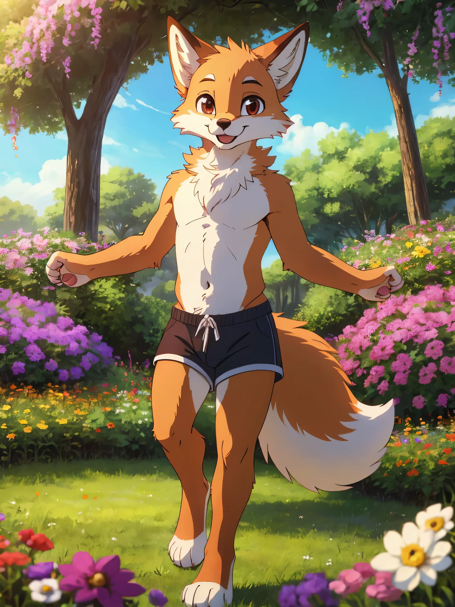 correctly eyes, clotheless, wearing shorts, fox with amber fur and white chest fur, detailed fur, full body, looks cute, sexy eyes, happy face, devot, happy pose, shows his paws, 1guy, male, fluffy fur, best quality, masterpiece, detailed, highres, top quality, best quality, a wide field of flowers in the background, 1tail
