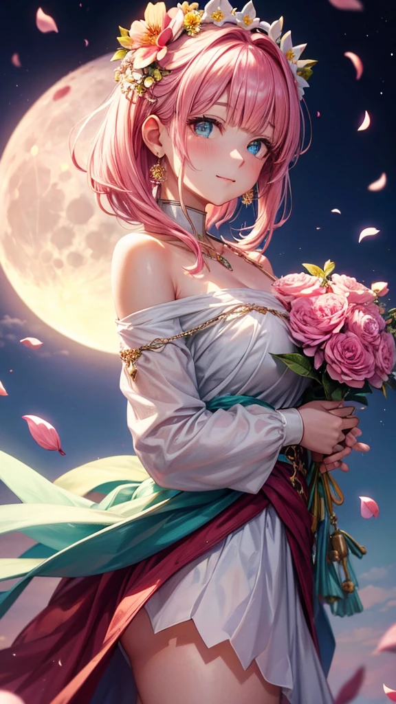 ((The big moon is in the background, petals,She holds the flower in both hands.)),(Facing straight ahead.),pink hair, hair over shoulder, parted bangs, jewelry, flower on head, mismatched pupils, aqua eyes, heart earrings, light smile, closed mouth, cinematic lighting, UHD, textured skin, high details, best quality, highres, 4K, 8k