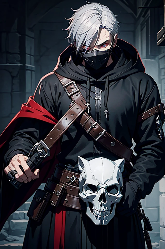 Assassin, male, fantasy character, strong body Wear a skull mask to cover your face and eyes. Wears black medieval clothing and a white hoodie on the outside, gray hair, short hair, red eyes.