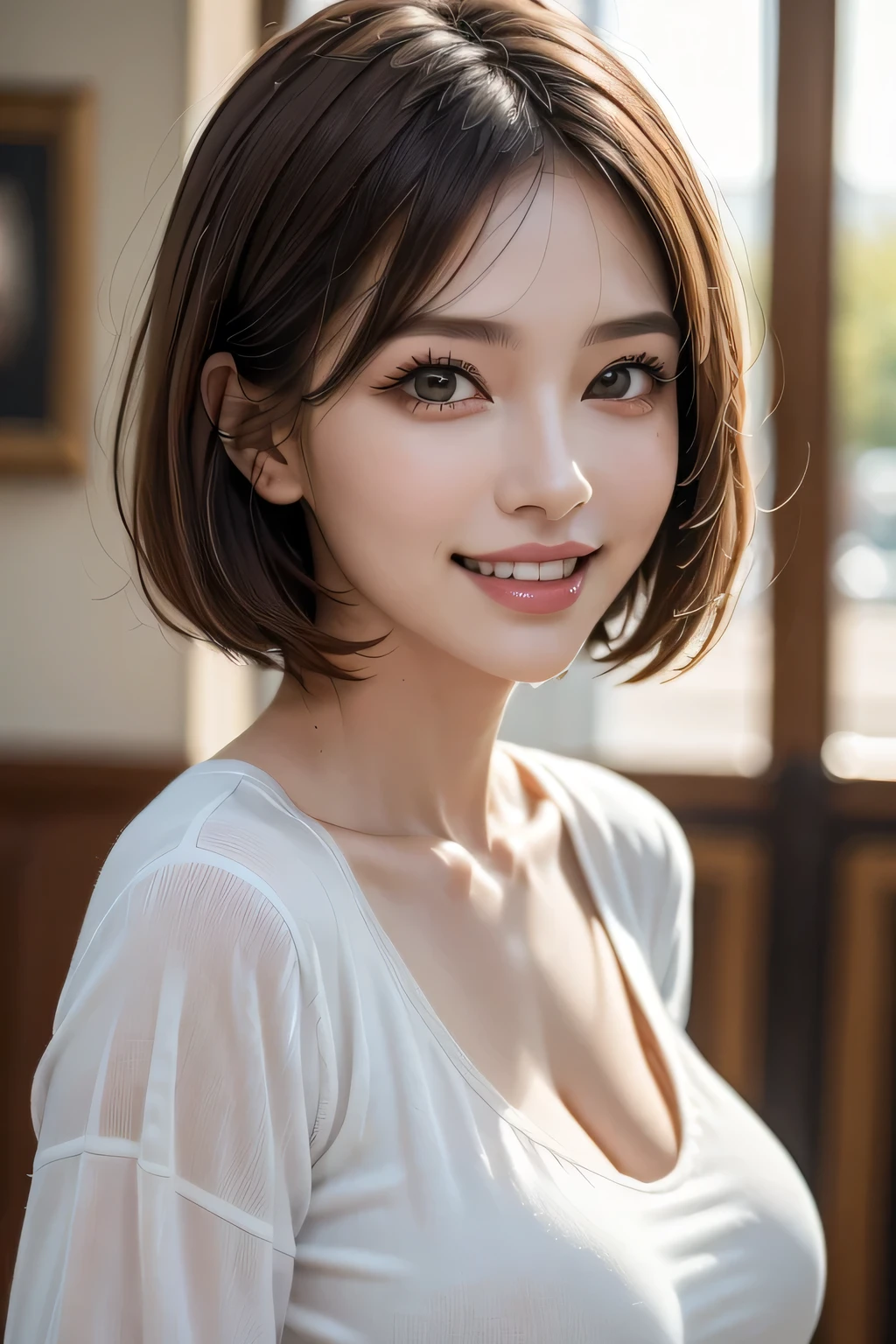 1 Female、40 years、Ultra detailed face、Detailed lips、Detailed eyes、double eyelid, (Medium Short Hair、Huge breasts:1.5)、Summer Sweaters:1.1, ((Highest quality、8k、Photorealistic, masterpiece:1.3))