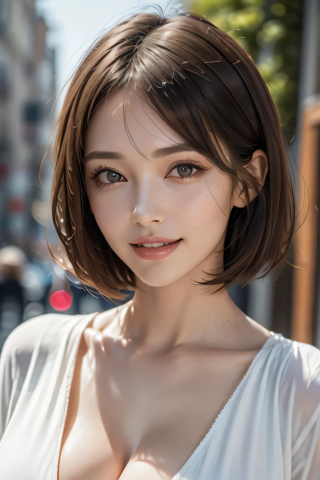 1 Female、40 years、Ultra detailed face、Detailed lips、Detailed eyes、double eyelid, (Medium Short Hair、Huge breasts:1.5)、Summer Sweaters:1.1, ((Highest quality、8k、Photorealistic, masterpiece:1.3))