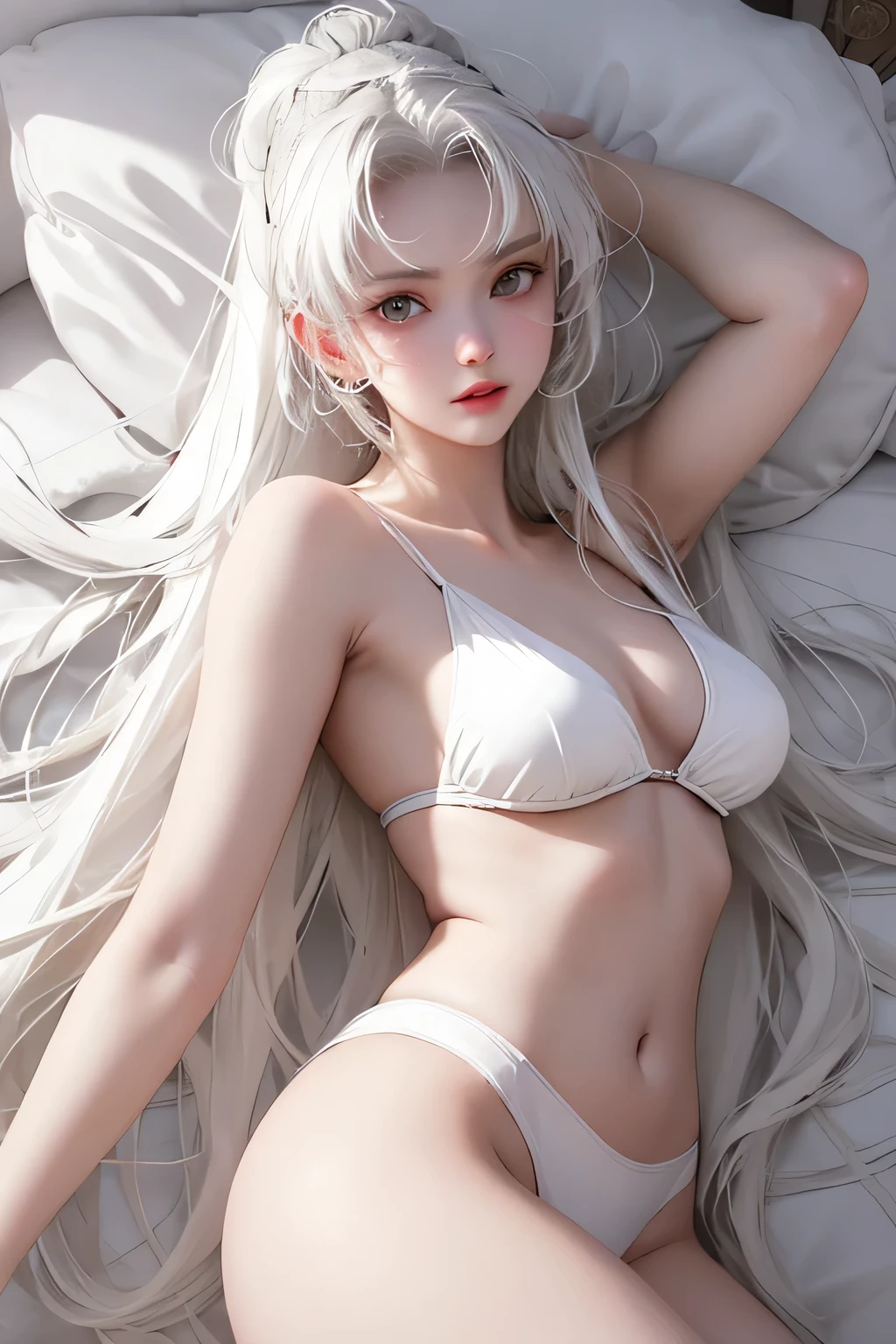 White tones，white colors，Sexy Girl ，from the rear，Turn your face away from the camera，butt to camera，Tummy down，bent down，Lie down，With a  figure，tiny body，slimfigure，slim，teens girl，，whaite hair，White hair，Hair covers the chest，lying back on，White bed，Be undress，big breasts enchanting，seductiv，Open legs，Look up at your head，transparent silk pajamas ，barechested，barechested，thick long hair，Empty space，Pure white space，Highly detailed body，Highly detailed face，best qualtiy