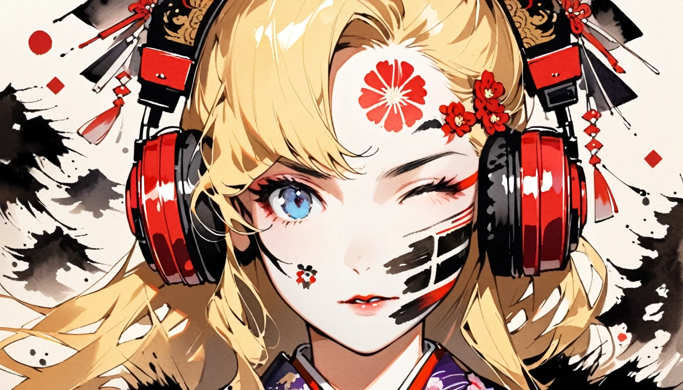 (((Ink Painting))), ((Japanese style headphones)), (((Japanese pattern tattoo on face))), face close up, Gorgeous hair accessories, Japan人の美少女, Fluttering Hair, Japan, Japanese flag, Yellow Hair