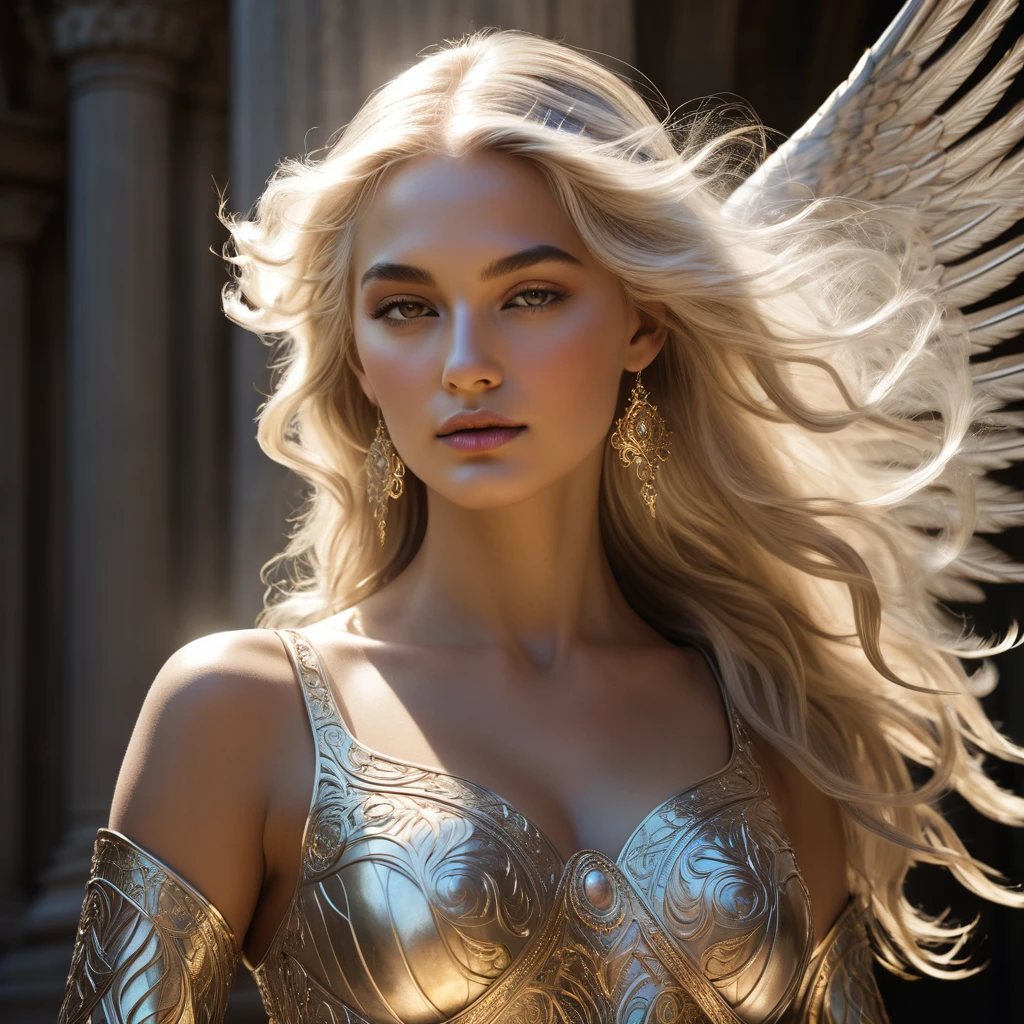 Amidst the ethereal light, the female archangel stands as a beacon of strength and elegance. Her ashen hair dances in the wind, while her luminous skin seems to shimmer under its touch. Every detail of her form exudes confidence, from the intricate patterns adorning her body to the timeless wisdom etched on her mesmerizing face. This celestial being's presence commands respect and awe, a perfect blend of divine might and otherworldly allure.