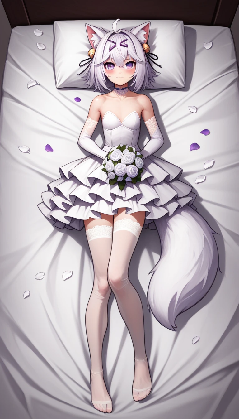 dakimakura, UHD, masterpiece, best quality, extremely detailed, sharp focus, midnight, frontal light, full body light, soft light, diffuse light, shade, no shadow, messy bed, lying on bed, 1girl, solo, Filian, ((white fox tail)), cat ears, white hair, short hair, ahoge, hairclip, hair bell, big round eyes, deep purple eyes, ((dark purple eyes)), blush, closed mouth, small breast, light smile, long wedding dress, conservative wedding dress, frilly wedding gown, white lace arm sleeve, white gloves, white lace stockings, slim arms, slim legs, hangs holding bridal bouquet, ((hidden hand)), Eye-Level Shot, full body pose, innocent pose, front view, scattered petals