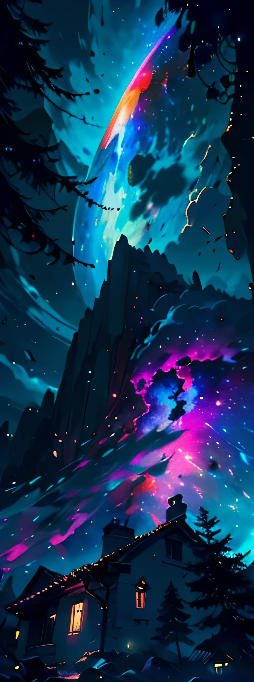 Vast landscape photography , (View from below, Sky above、The fields below), , (full moon:1.2), ( shooting star:0.9), (nebula:1.3), Distant Mountain, Treebreak Production Art, (Warm light source:1.2), (Firefly:1.2), lamp, Lots of purple and orange, Intricate details, Volumetric Lighting Break
(masterpiece:1.2), (Highest quality), 4K, Very detailedな, (moving composition:1.4), Very detailed, Colorful details,( Rainbow colors:1.2), (Shining Light, Atmospheric lighting), dream-like, magic, (alone:1.2)
