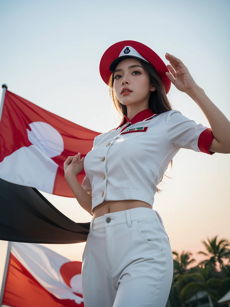 photo of a beautiful woman, wearing a white flag raisers uniform, wearing a black hat, saluting the Indonesian red and white flag, with the red and white flag flying in the background, the atmosphere of Indonesian independence, full HD, photography
