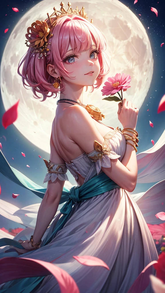 ((The big moon is in the background, petals,She holds the flower in both hands.)),((Facing straight ahead.)),pink hair, hair over shoulder, parted bangs, jewelry, flower on head, mismatched pupils, aqua eyes, heart earrings, light smile, closed mouth, cinematic lighting, UHD, textured skin, high details, best quality, highres, 4K, 8k