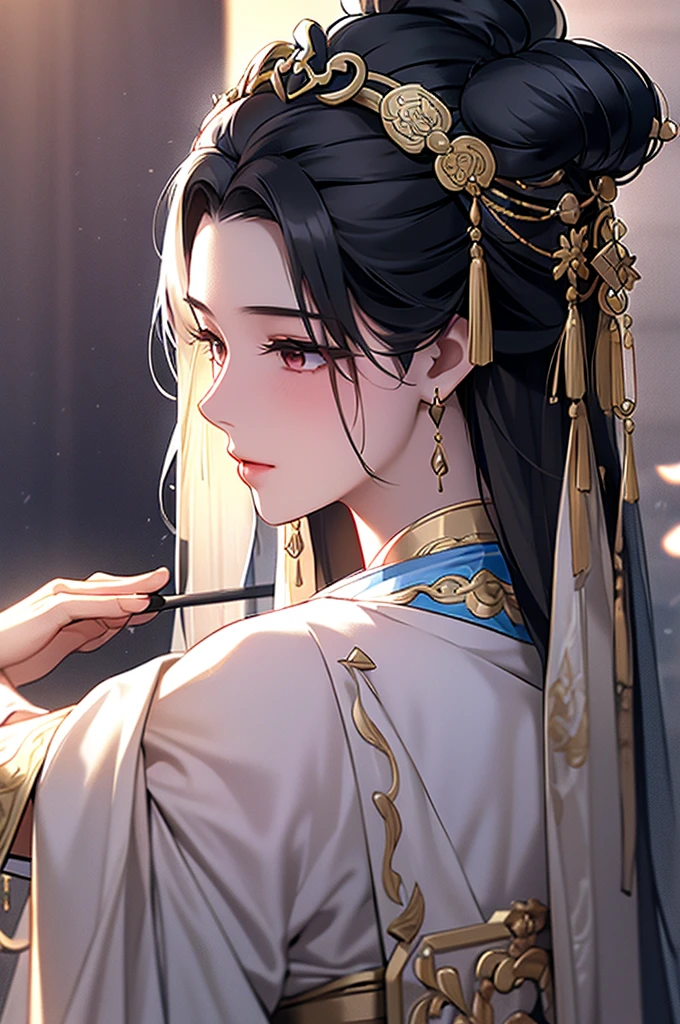 Black Hair, Immortal, Royal sister, Stepmother, Gold Robe, Taoist robe, Chinese style, Hair Bunch, light blush