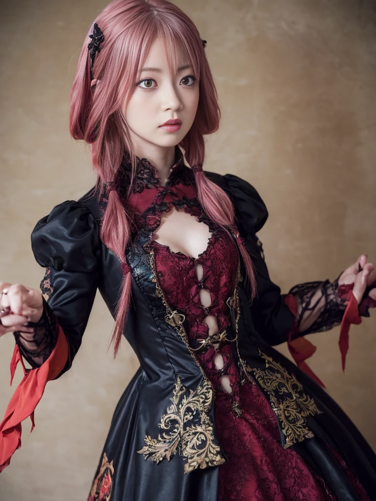 (Highest quality,128k, masterpiece:1.55), Ultra detailed face, Detailed lips, Detailed eyes, double eyelid,
BREAK woman wearing dress and boots , baroque dress, wearing a detailed steampunk dress, elegant gothic princess, victorian gothic ta fashion, historical baroque dress dark, black gothic loliress, fantasy style clothing, rococo dress, black rococo, fantasy costume, wearing a gothic dress, romantic dress, gothic dress,blonde,,(((upper body portrait))),
BREAK, inori yuzuriha, hair ornament, hairclip, long hair, light pink hair, (red eyes:1.5), twintails,