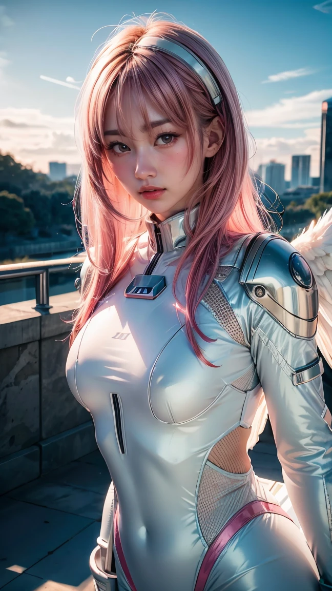 ((masterpiece, best quality, extremely detailed), volumetric lighting, ambient occlusion, colorful, glowing), 1girl, solo, young girl, (pink hair), long hair, halo, aura, sacred, godness, cyber suit, (white outfit:1.3), android, bot, angel wings, outdoors, sunset, sky, clouds, space, (cyberpunk theme:1.2),