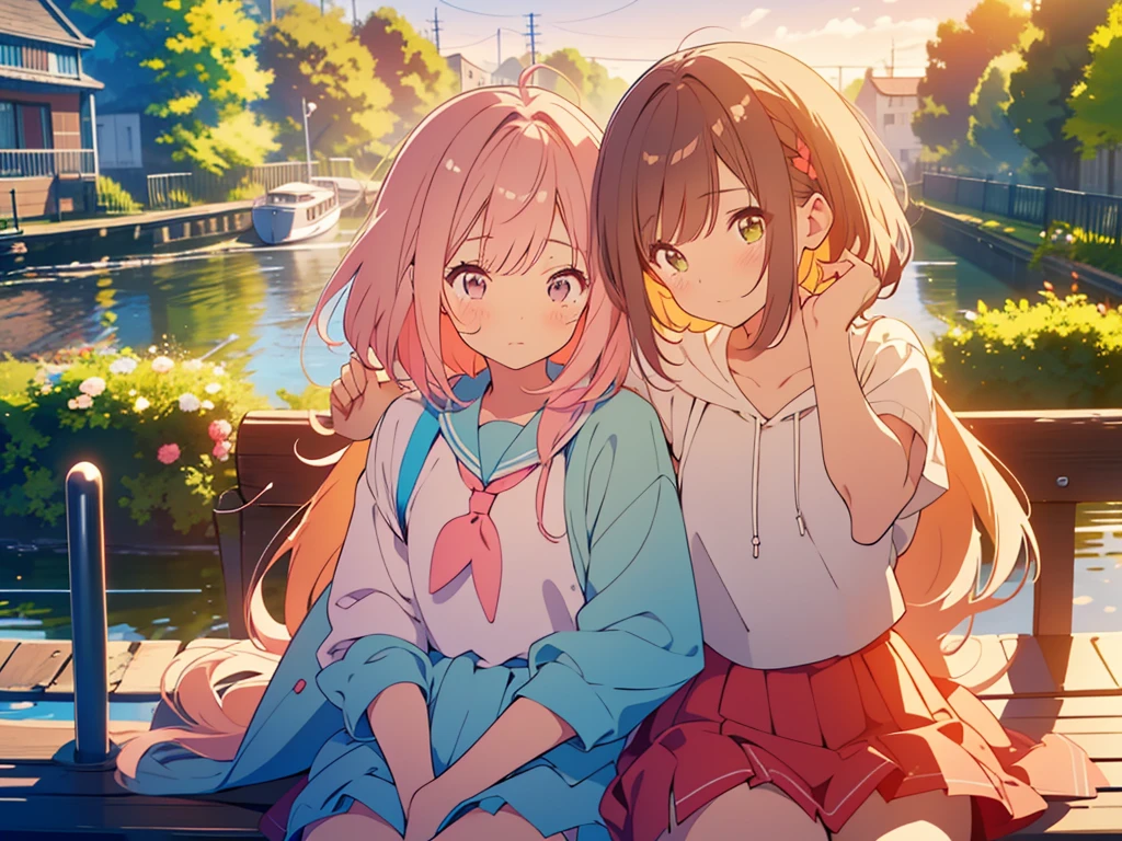 kawaii, anime, Cute, hyper quality, highly detailed, 8k, Clarity, Draw facial expressions in detail, A young girl with light pink hair, short bob, and scarlet eyes has a crying face., Girl with long dark brown hair and green eyes, Height difference, Dutch canal town, upper body, highlight on eyes, sunny, evening, sit on a bench, draw two people, hoodie, Pose with movement, Pat the head, cling, touch your head, put your hand on your head, cry in my chest, comfort, Okay, okay,