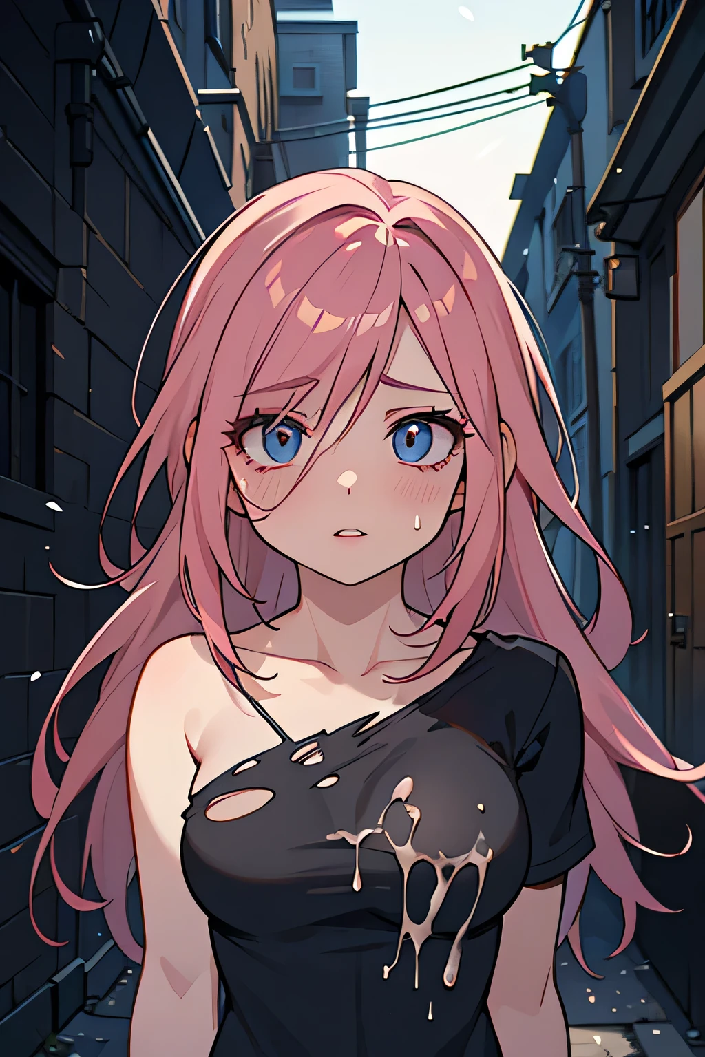 a beautiful pink haired woman, detailed face, beautiful eyes, beautiful lips, torn clothes, unconscious, cum on face, creampie, alleyway, photorealistic, ultra-detailed, realistic, masterpiece, cinematic lighting, dramatic lighting, dramatic colors, dark mood, horror, gritty