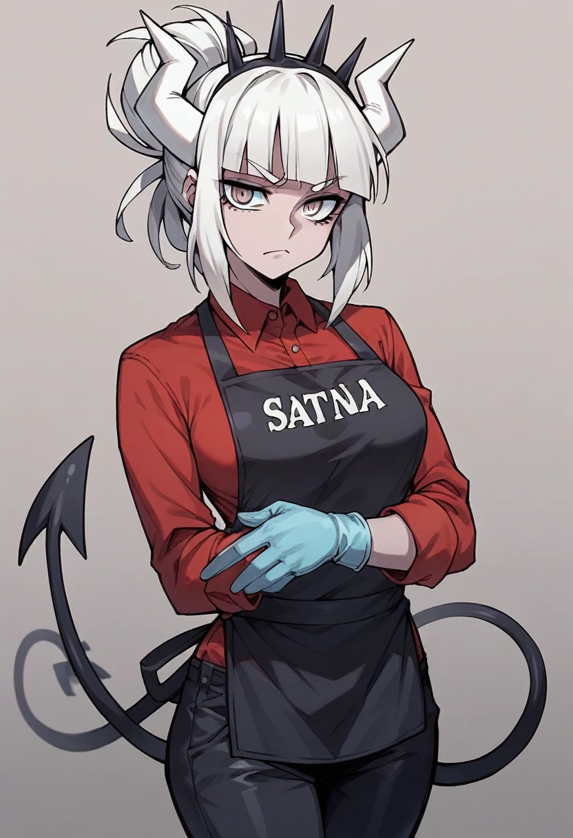 1girl, lucifer \(helltaker\), ((blue surgical gloves)), (latex gloves), (red shirt), ((long sleeves)), (black apron), (pants), looking at viewer, standing, solo
