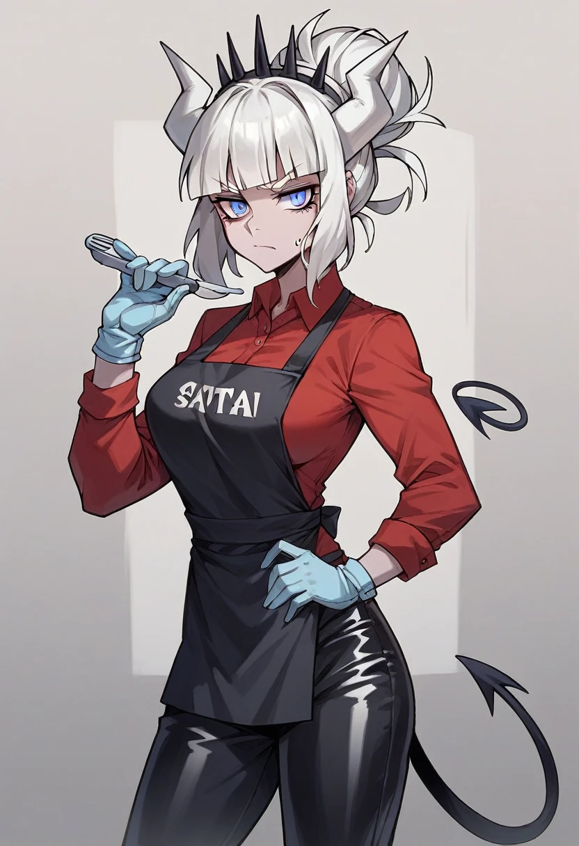 1girl, lucifer \(helltaker\), ((blue surgical gloves)), (latex gloves), (red shirt), ((long sleeves)), (black apron), (pants), looking at viewer, standing, solo

