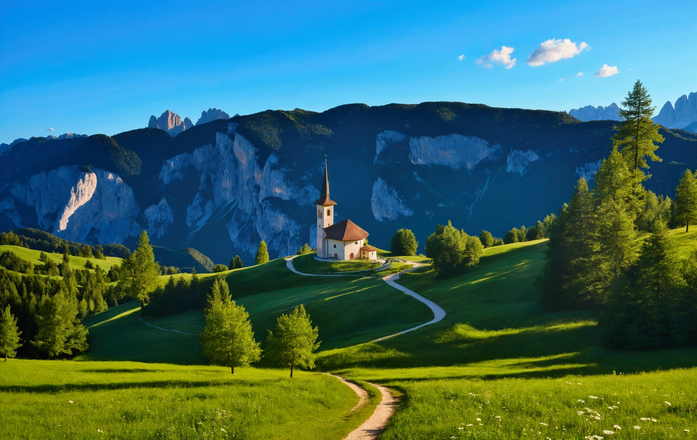 Alafed Church on the hill。In the foreground there is a winding path。, in the Dolomites, summer morning light, Church in the Forest, Heaven on Earth, Franz Hege, In a scenic environment, Carl Gersner, Detailed local information, Dolomites, beautiful place, Church in the background, bright summer day, Johannes Martini, Beautiful sunny day