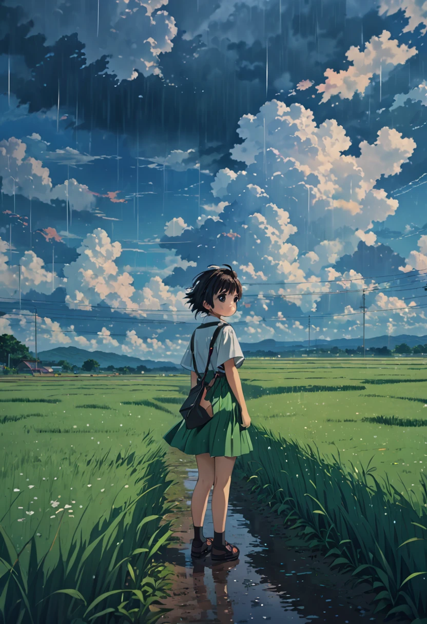Study makoto summer rain grass field clouds niño HD 8K
